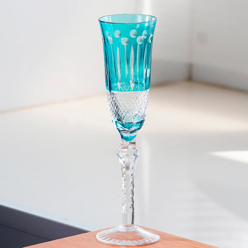 Champagne Flute 5oz Hand Cut Glass Stemware Sky Blue