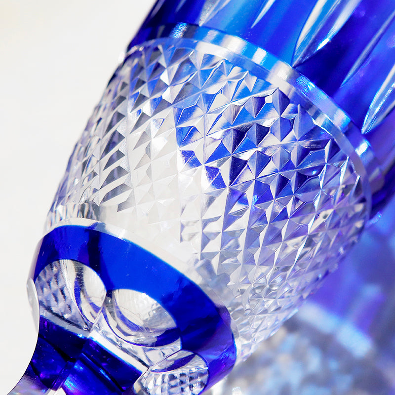 JP-098  Luxury Hand Cut Lotus Design and Dark Blue Color Cased Crystal Glass Champagne Flutes 5 oz
