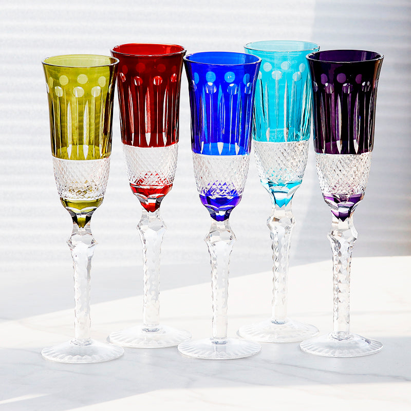 Champagne Flute 5oz Hand Cut Glass Stemware Ink Blue