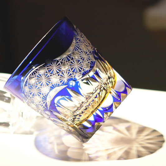 JP-106 32 cl Japanese Style Edo Kiriko Handcrafted Blue Prism Cocktail Whisky Glass With Gift Box