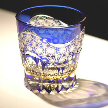 JP-106 32 cl Japanese Style Edo Kiriko Handcrafted Blue Prism Cocktail Whisky Glass With Gift Box