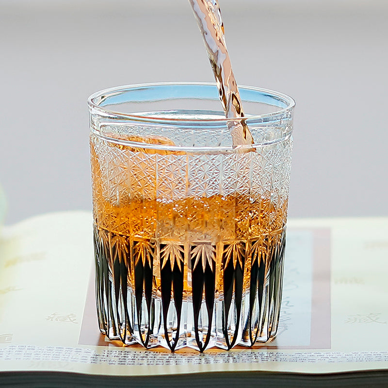 JP-130-1  Japanese Style Edo Kiriko Handcrafted Stellar Nexus Whisky Glasses Black With Gift Box