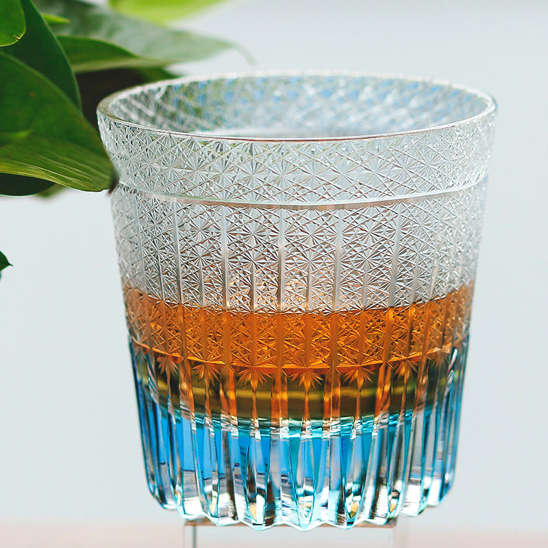 JP-130-2 New Summer Sea Blue Crystal Glass Whiskey Old Fashioned Tumbler Edo Kiriko Beach Rocks Cocktail Cup With Gift Box