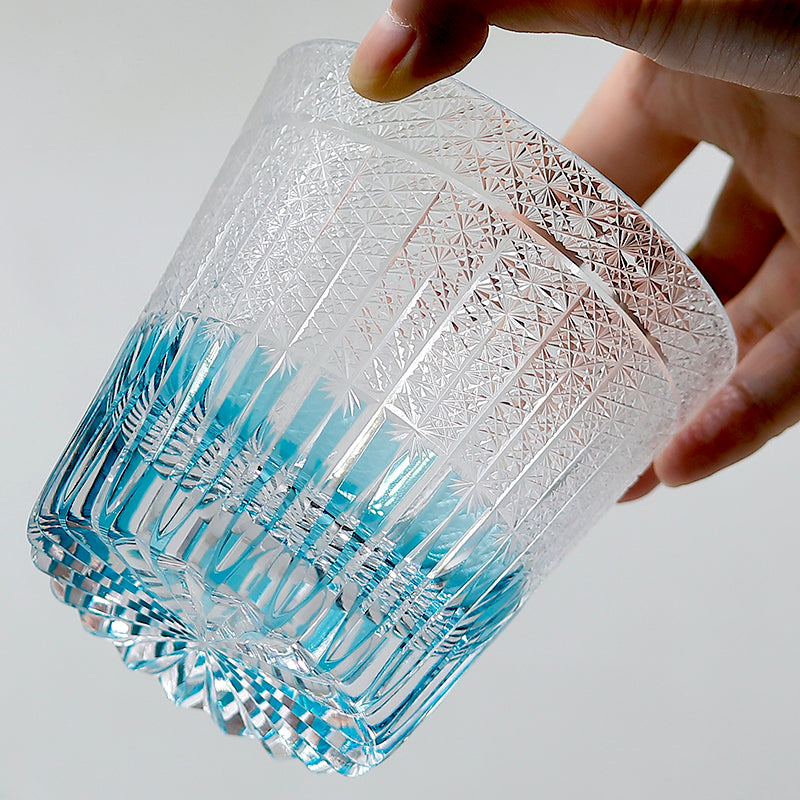 JP-130-2 New Summer Sea Blue Crystal Glass Whiskey Old Fashioned Tumbler Edo Kiriko Beach Rocks Cocktail Cup With Gift Box