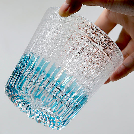 JP-130-2 New Summer Sea Blue Crystal Glass Whiskey Old Fashioned Tumbler Edo Kiriko Beach Rocks Cocktail Cup With Gift Box