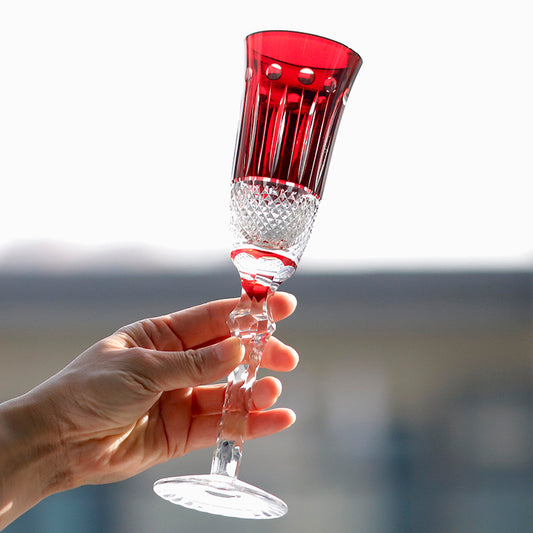 JP-098 Creative Vintage Ruby Red Colored Champagne Flutes 5 oz Hand Cut Lotus Design