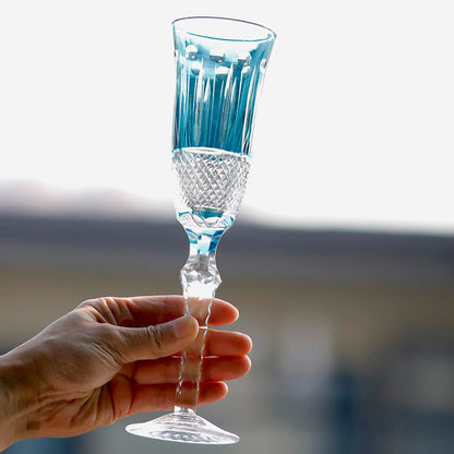 Champagne Flute 5oz Hand Cut Glass Stemware Sky Blue