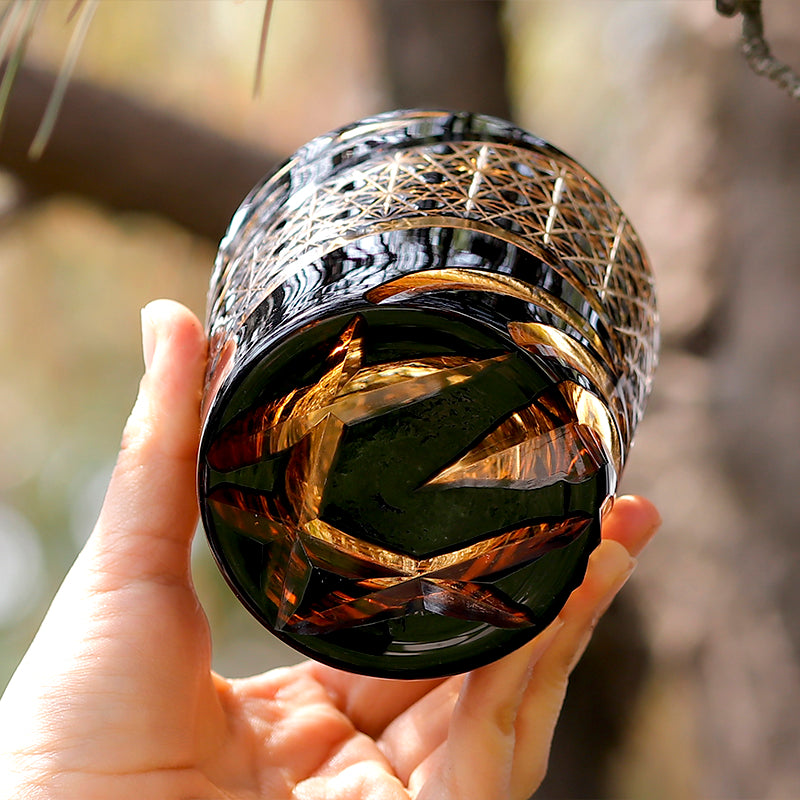 JP-031 Handcrafts Edo Kiriko‘s Amber Black Colored Whiskey Glass Tumbler And Sake Glass Cup