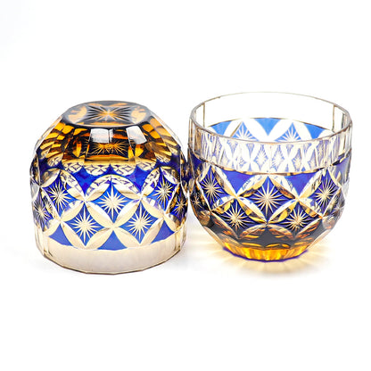 QJ-04 Hand Cut To Amber Blue Shot Glass 60ml for Sake ,Soju,whiskey, vodka, tequila