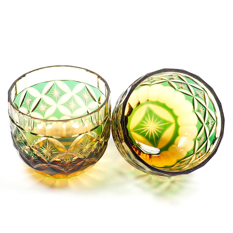 QJ-04 Hand Cut To Amber Green Shot Glass 60ml  for Sake ,Soju,whiskey, vodka, tequila