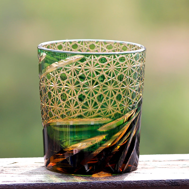 JP-031 Handcrafts Edo Kiriko's Amber Green Whiskey Glass  240 ml And Sake Glass Cup 60 ml