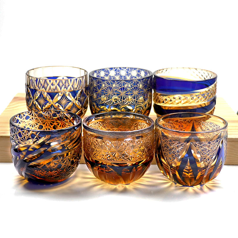 QJ-04 Hand Cut To Amber Blue Shot Glass 60ml for Sake ,Soju,whiskey, vodka, tequila