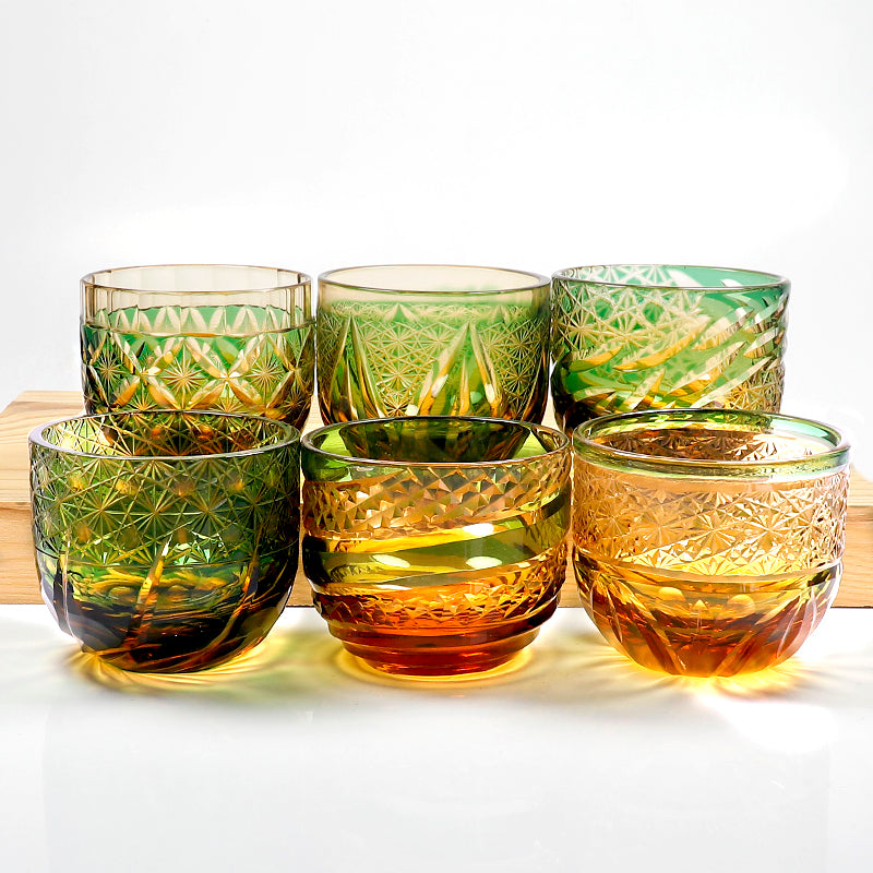 QJ-04 Hand Cut To Amber Green Shot Glass 60ml  for Sake ,Soju,whiskey, vodka, tequila