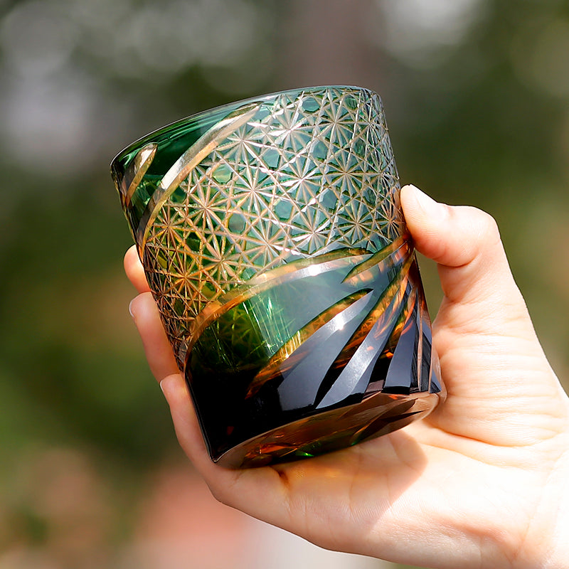 JP-031 Handcrafts Edo Kiriko's Amber Green Whiskey Glass  240 ml And Sake Glass Cup 60 ml