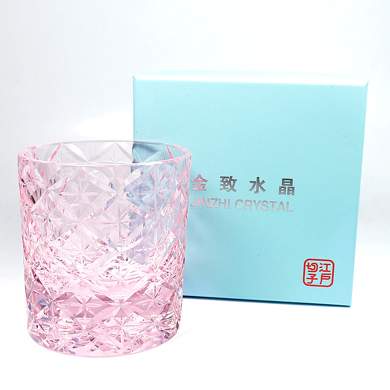 JP-090 Handcrafts Japanese Style K9 Pink Crystal Glass Whiskey Tumbler With Gift Box Edo Kiriko Asterism Patterns