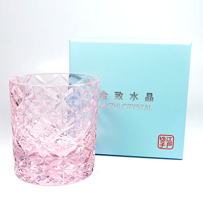 JP-090 Handcrafts Japanese Style K9 Pink Crystal Glass Whiskey Tumbler With Gift Box Edo Kiriko Asterism Patterns