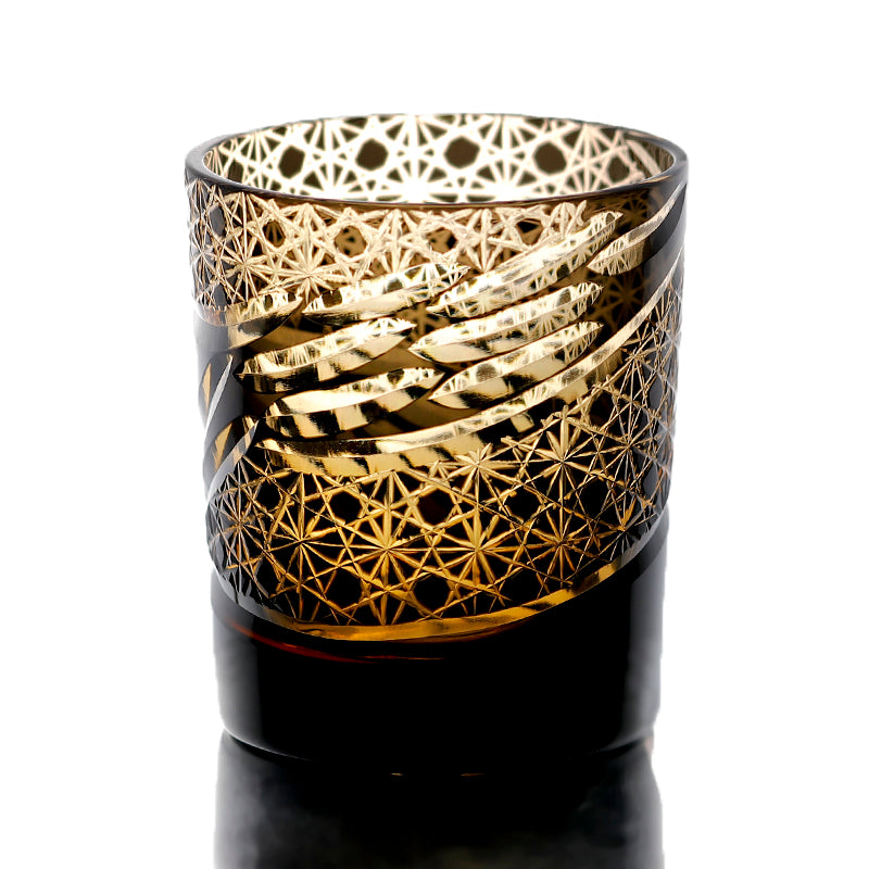 JP-031 Handcrafts Edo Kiriko‘s Amber Black Colored Whiskey Glass Tumbler And Sake Glass Cup