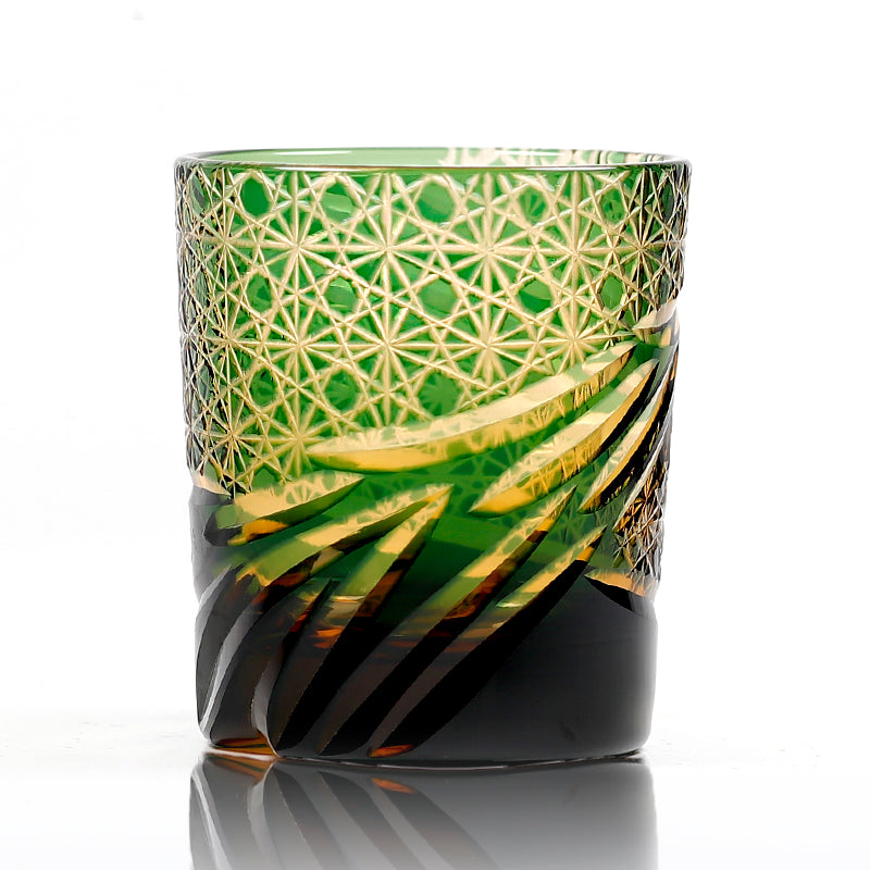 JP-031 Handcrafts Edo Kiriko's Amber Green Whiskey Glass  240 ml And Sake Glass Cup 60 ml