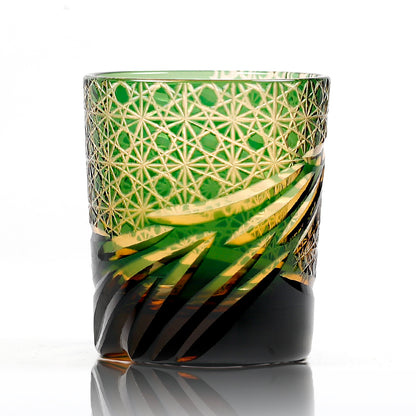 JP-031 Handcrafts Edo Kiriko's Amber Green Whiskey Glass  240 ml And Sake Glass Cup 60 ml