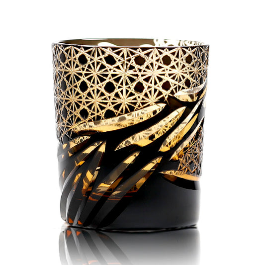 JP-031 Handcrafts Edo Kiriko‘s Amber Black Colored Whiskey Glass Tumbler And Sake Glass Cup