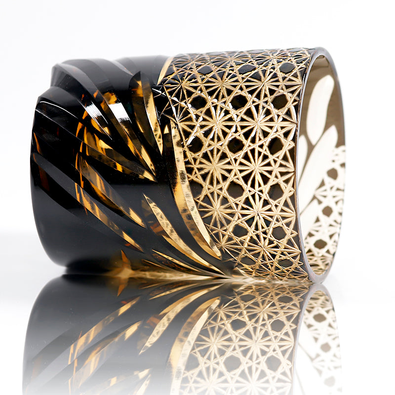 JP-031 Handcrafts Edo Kiriko‘s Amber Black Colored Whiskey Glass Tumbler And Sake Glass Cup