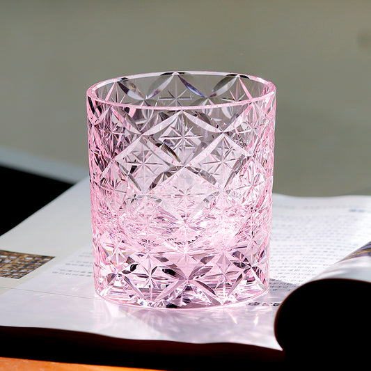 JP-090 Handcrafts Japanese Style K9 Pink Crystal Glass Whiskey Tumbler With Gift Box Edo Kiriko Asterism Patterns