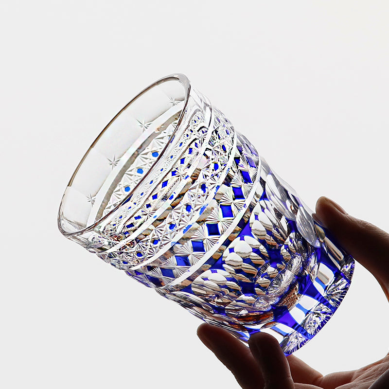JP-137  280 ml Hand Cut To Clear Blue Crystal Glass Highball Tumblers For Cocktail Whiskey Iced Coffee Cold Drinking