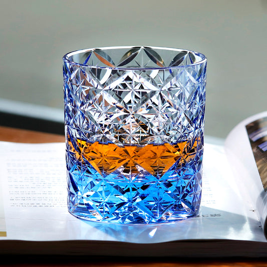 JP-090 Handcrafts Blue K9 Crystal Whiskey Glass Edo Kiriko Circle Mesh Design With Gift Box