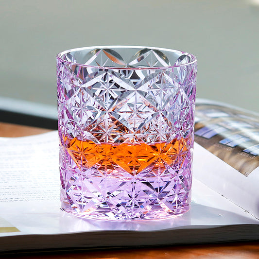 JP-090 7 oz Handcrafts Japanese Style Purple K9 Whiskey Glass Edo Kiriko's Circle Mesh In Gift Box