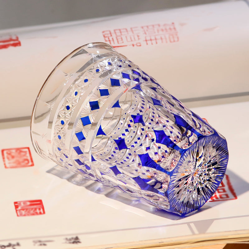 JP-137  280 ml Hand Cut To Clear Blue Crystal Glass Highball Tumblers For Cocktail Whiskey Iced Coffee Cold Drinking