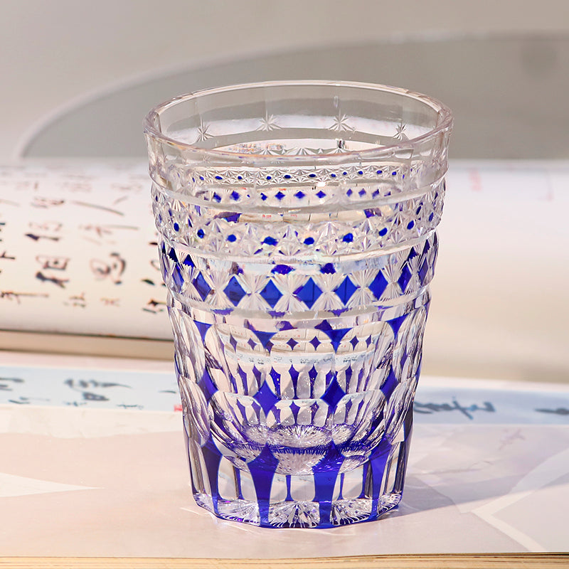 JP-137  280 ml Hand Cut To Clear Blue Crystal Glass Highball Tumblers For Cocktail Whiskey Iced Coffee Cold Drinking