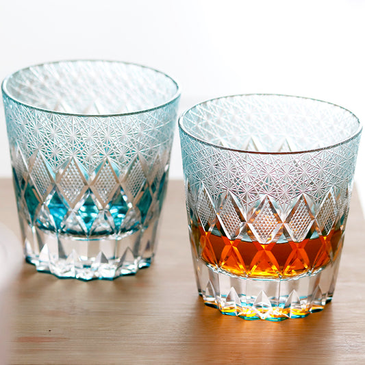JP-140  Hand Cut To Clear Sky Blue Crystal Glass Old Fashioned Tumbler Edo Kiriko Beach Whiskey Rocks Cocktail Glasses With Gift Box