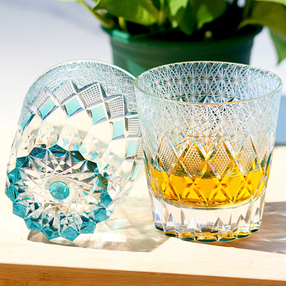 JP-140  Hand Cut To Clear Sky Blue Crystal Glass Old Fashioned Tumbler Edo Kiriko Beach Whiskey Rocks Cocktail Glasses With Gift Box