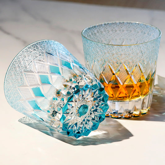 JP-140  Hand Cut To Clear Sky Blue Crystal Glass Old Fashioned Tumbler Edo Kiriko Beach Whiskey Rocks Cocktail Glasses With Gift Box