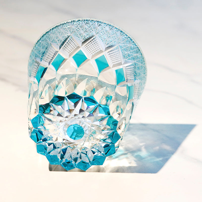 JP-140  Hand Cut To Clear Sky Blue Crystal Glass Old Fashioned Tumbler Edo Kiriko Beach Whiskey Rocks Cocktail Glasses With Gift Box