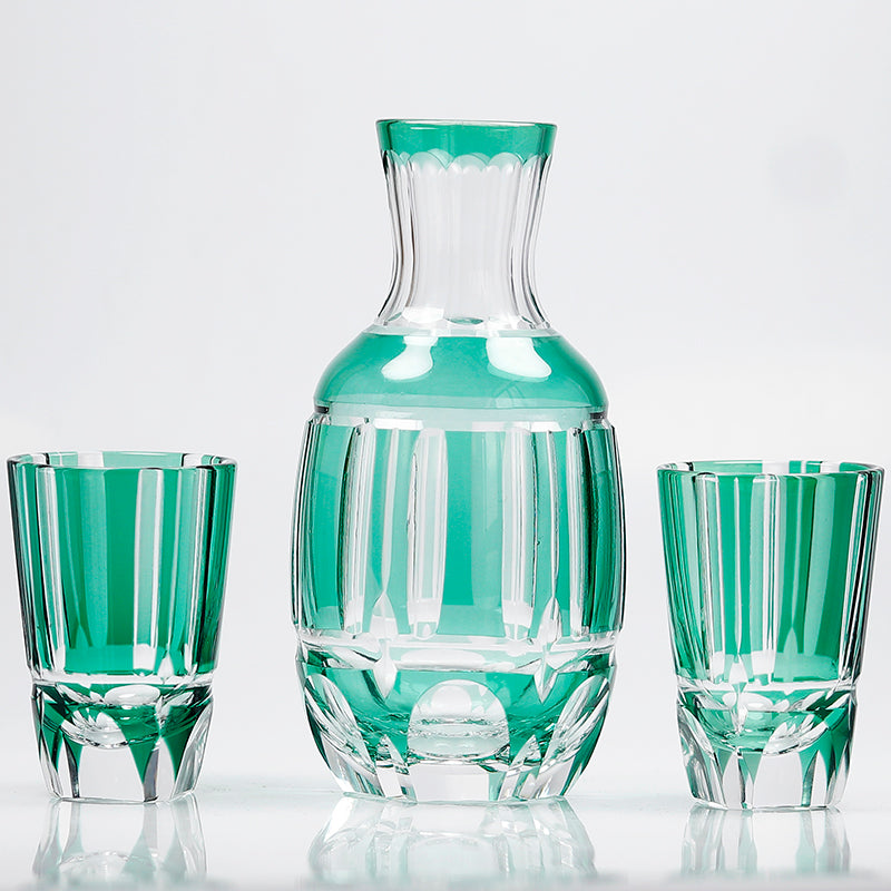 JP-058-2 Japanese Style Green Cased Glass Sake Glass Set Edo Kiriko‘s Bamboo Stem Design Sake Carafe And Sake Glass Cup