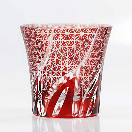JP-017 220ml Flared Shaped Hand Cut To Clear Ruby Red Table Drinking Tumbler Edo Kiriko's Sea Wave Red Color Cased Glass Whiskey Tumblers