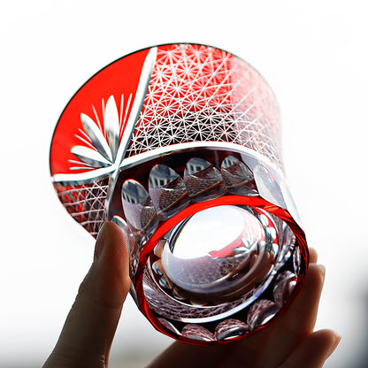 JP-017 220ml Bamboo Leaves Hand Cut To Clear Table Tumbler Flared Shaped Color Cased Glass Whiskey Tumblers Ruby Red Edo Kiriko Rock glass