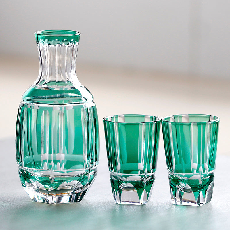 Green Bamboo Edo Kiriko Hand-cut Sake Set