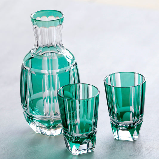 JP-058-2 Japanese Style Green Cased Glass Sake Glass Set Edo Kiriko‘s Bamboo Stem Design Sake Carafe And Sake Glass Cup