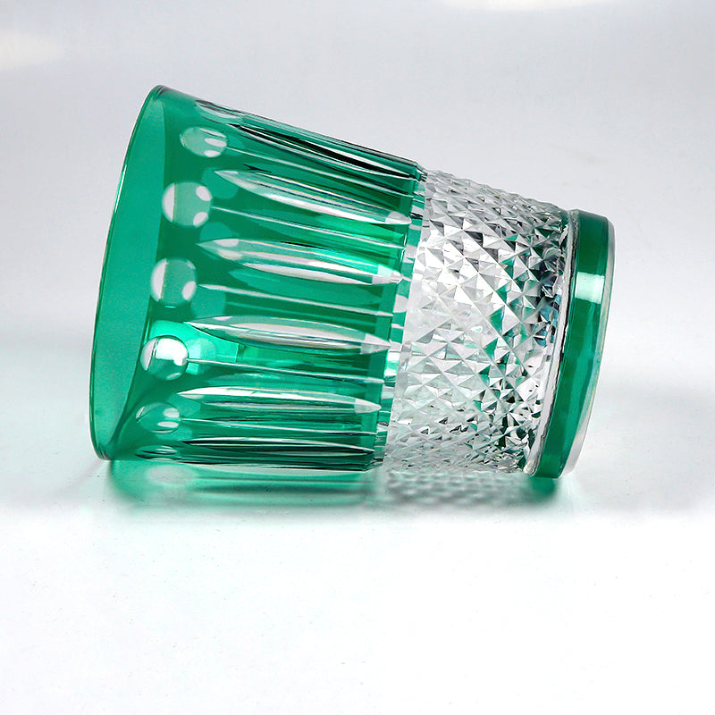 JP-095  Handmade Edo Kiriko's Green Overlaid Crystal Glass Tumbler For Whiskey Old Fashioned Beverage Social Drinkers