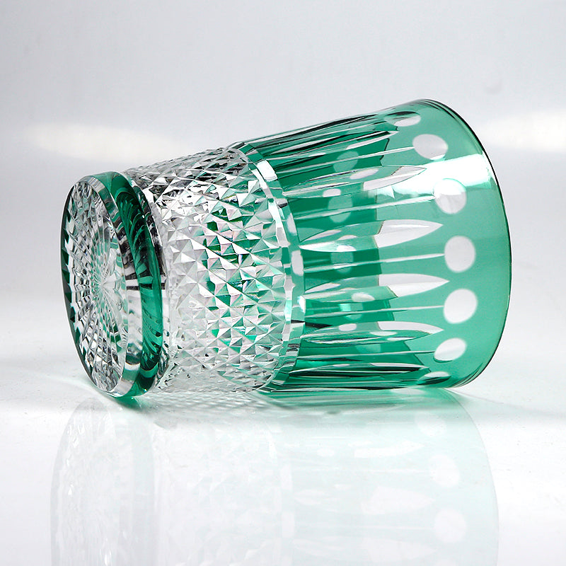 JP-095  Handmade Edo Kiriko's Green Overlaid Crystal Glass Tumbler For Whiskey Old Fashioned Beverage Social Drinkers