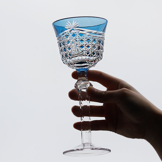 JP-100  Handcrafts Bohemian Hand Cut Wine Glass Goblet Smokey Blue Hock Glasses For Wedding Party Barware Home Tableware Decor
