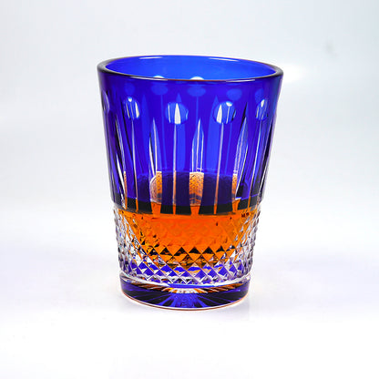 JP-095 10 oz Handcrafts Blue Cased Crystal Glass Cocktail Whiskey Tumbler Edo Kiriko Diamond Pearl Star-Cut Design
