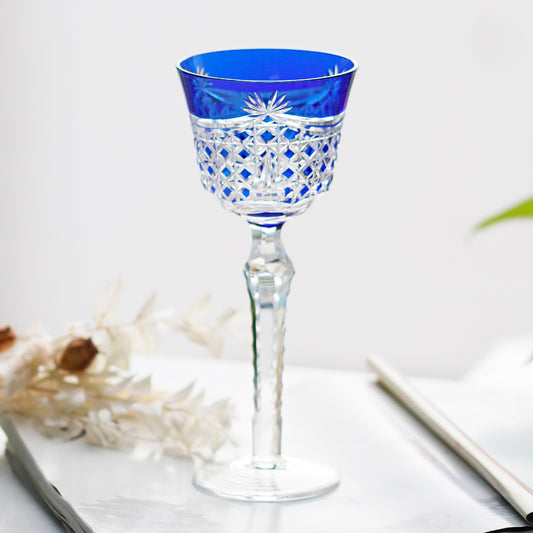 JP-100 Czech Hand Cut To Clear Blue Wine Glass Goblet Dark Blue Hock Glasses