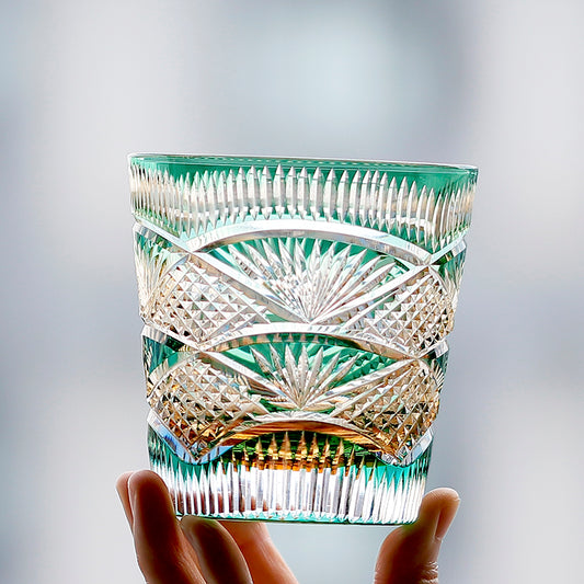 JP-141  32 cl hand cut to clear green japanese whiskey glasses masu edo kiriko colored water glasses tumbler engraved whiskey glass bar wine