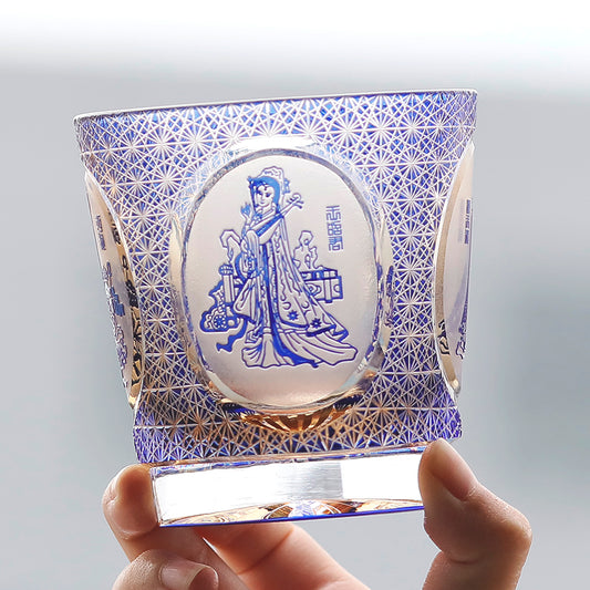 JP-143 320ml Hand Made Blue Amber Whiksey Old Fashioned Glass Tumbler Etched Carved Four Great Beauties Of Ancient China Pattern