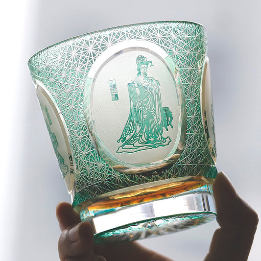 JP-143 320ml Green Amber Cocktail Old Fashioned Glass Tumbler With Hand Carved Four Great Beauties Of Ancient China Pattern