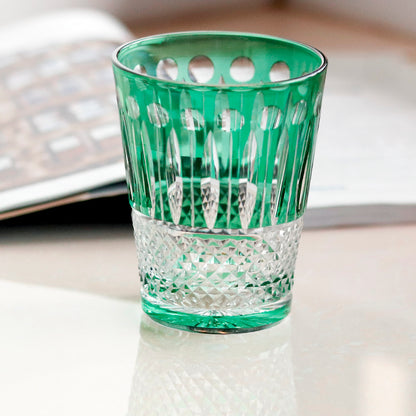 JP-095  Handmade Edo Kiriko's Green Overlaid Crystal Glass Tumbler For Whiskey Old Fashioned Beverage Social Drinkers