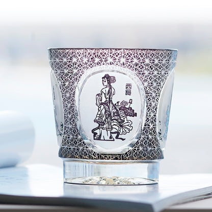 JP-143 320ml Hand Made Black Amber Old Fashioned Glass Tumbler Etched Carved Four Great Beauties Of Ancient China Pattern